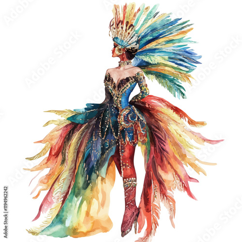 A watercolor of Brazilian carnival costume, isolated on a white background. Brazilian carnival costume vector.
