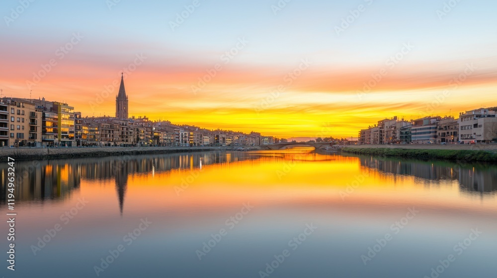 Fototapeta premium Sunset reflection over a calm river with buildings and a tower.