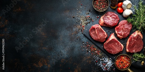 Assortment of raw beef steaks on a dark background arranged top view with seasonings and ample copy space for text on the left side