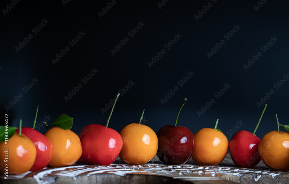 View of Deletable imitation fruits (Kanom look choup) in the shape of fruits has a sweet taste on wooden cutting board. Traditional thai sweet treats made from mung beans and coconut milk, and glazed