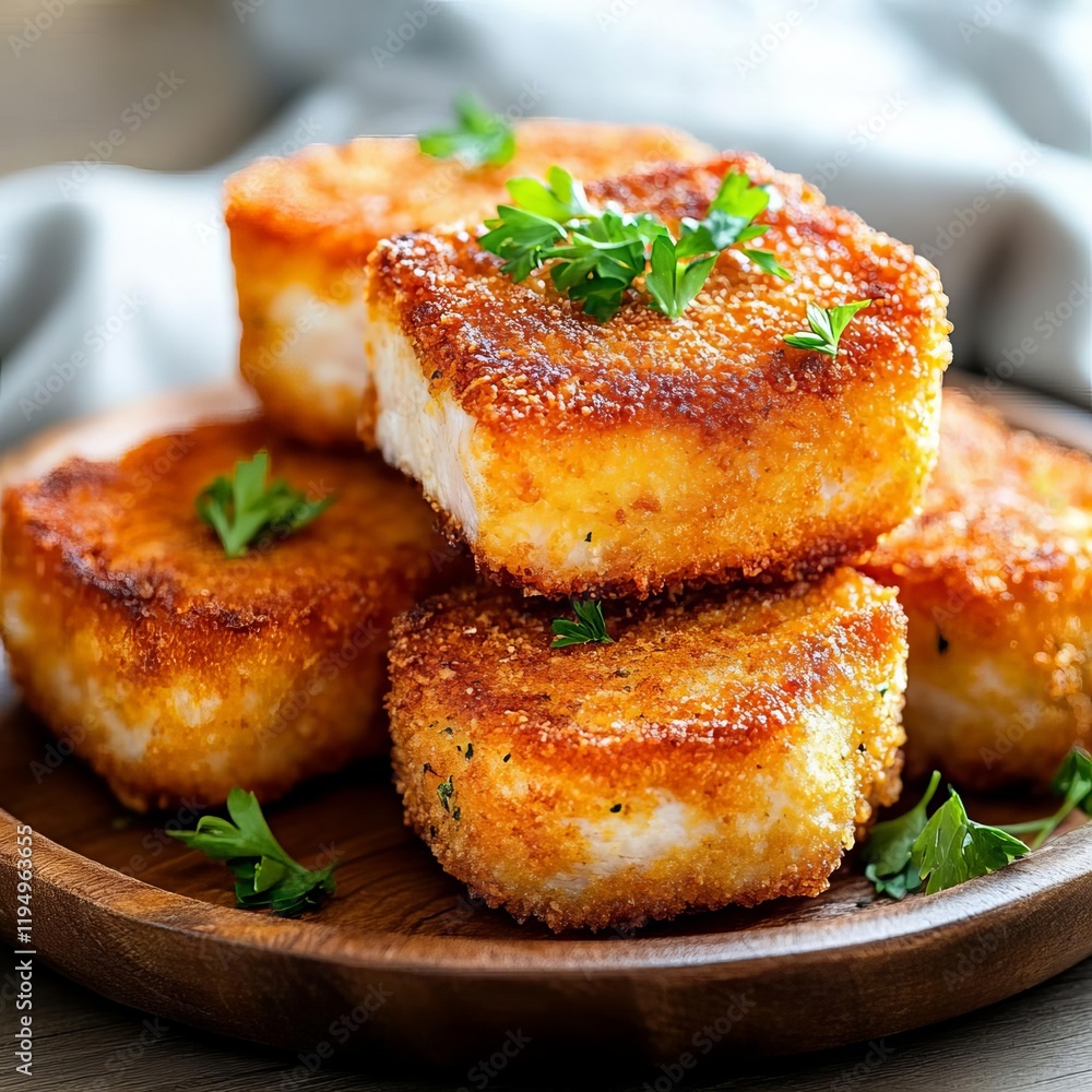 Crispy deep-fried pork cutlets on a wooden plate, garnished with parsley Crispy deep-fried pork cutlets on a wooden plate, garnished with parsley