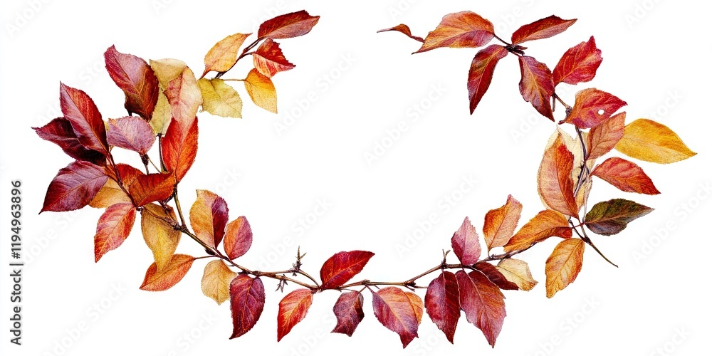 Autumn wreath composed of vibrant red and golden leaves on a clean white background creating a warm seasonal ambiance centered in the image Autumn wreath composed of vibrant red and golden leaves on a clean white background creating a warm seasonal ambiance centered in the image