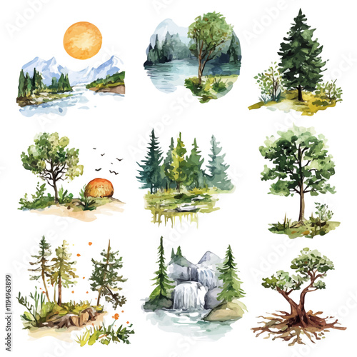 A watercolor vector of biomes, isolated on a white background. Biomes vector.
