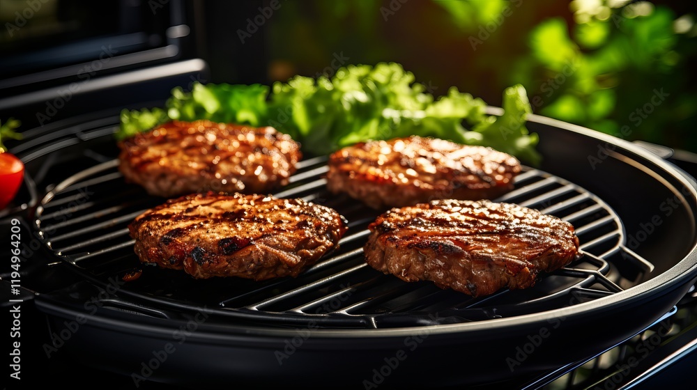 Sizzling burgers cooking on a grill surrounded by fresh ingredients at sunset. Generative AI Sizzling burgers cooking on a grill surrounded by fresh ingredients at sunset. Generative AI