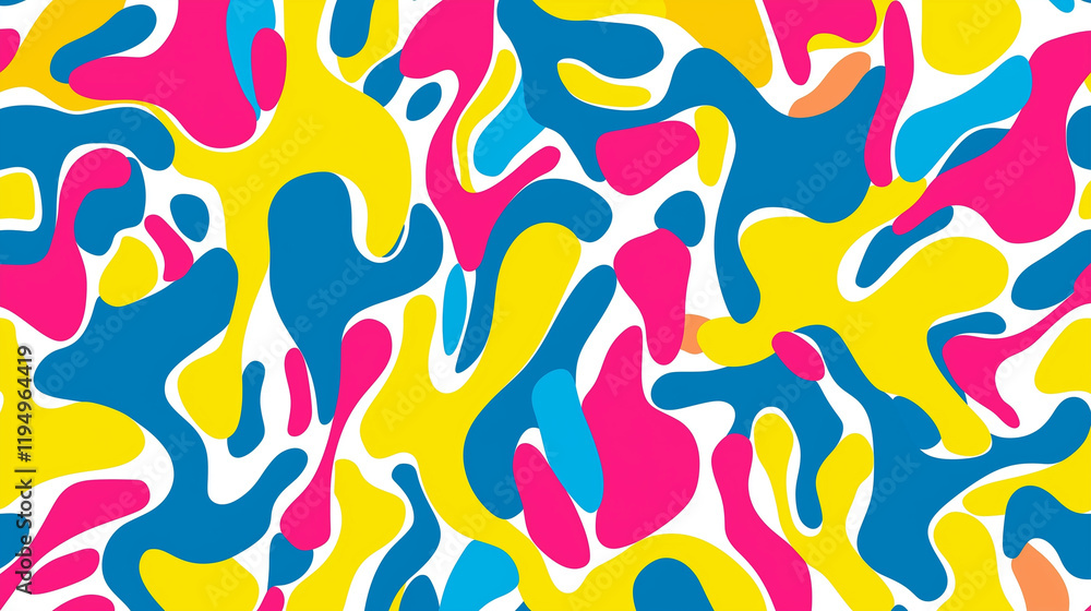 Seamless pattern of colorful abstract shapes, playful and bold colors like neon yellow, pink, and blue Seamless pattern of colorful abstract shapes, playful and bold colors like neon yellow, pink, and blue