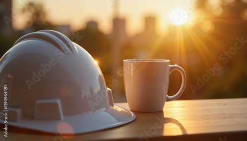 Hard hat and coffee mug on table at sunset, workday pause photo