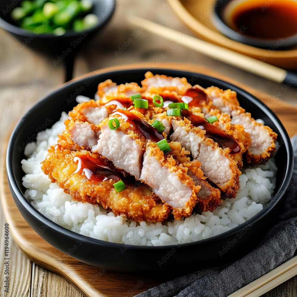 Crispy fried pork cutlets on a bed of rice, topped with katsu sauce Crispy fried pork cutlets on a bed of rice, topped with katsu sauce