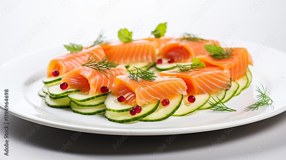 Savoring fresh salmon, cucumber, and herbs in a delightful culinary presentation. Generative AI Savoring fresh salmon, cucumber, and herbs in a delightful culinary presentation. Generative AI