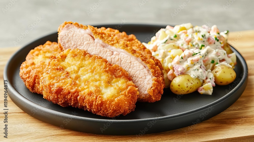 Crispy fried pork cutlets served with a side of creamy mustard potato salad Crispy fried pork cutlets served with a side of creamy mustard potato salad
