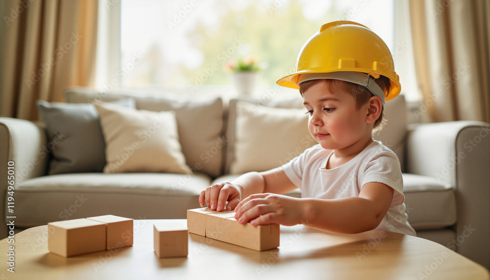 Curious child building blocks in bright living room, foundation of growth Curious child building blocks in bright living room, foundation of growth
