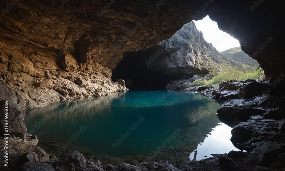 Obraz premium 신비로운동굴 아래는 멋진물이 있다 동굴속 빛이비친다.