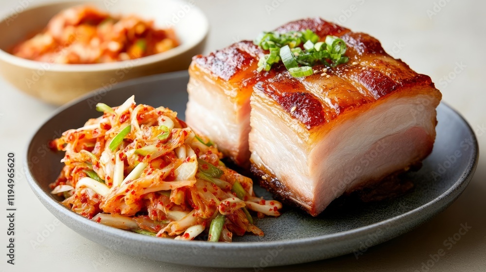 Crispy pork belly chunks served with a spicy Korean kimchi slaw Crispy pork belly chunks served with a spicy Korean kimchi slaw