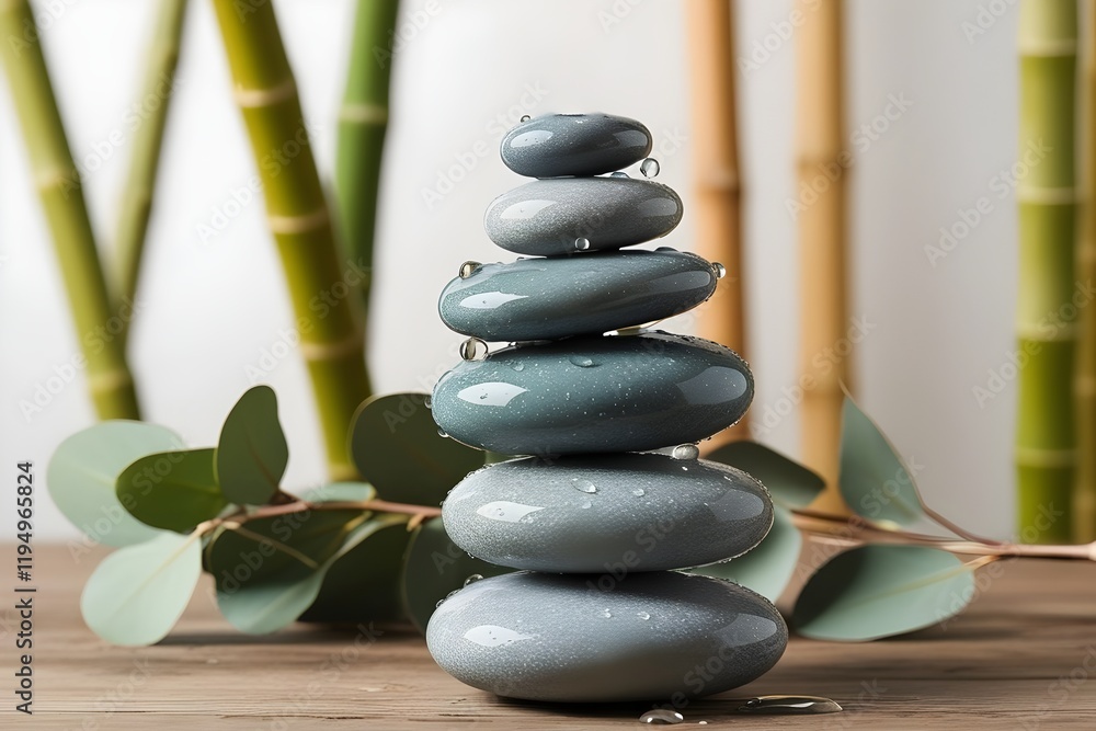 natural spa composition with wet stones, eucalyptus branches, and blurred bamboo for wellness themes natural spa composition with wet stones, eucalyptus branches, and blurred bamboo for wellness themes