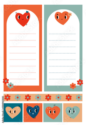 a set of templates for notes and records with funny retro hearts with smiles