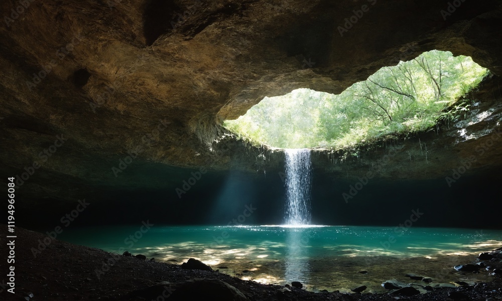 Naklejka premium 신비로운동굴 아래는 멋진물이 있다 동굴속 빛이비친다.