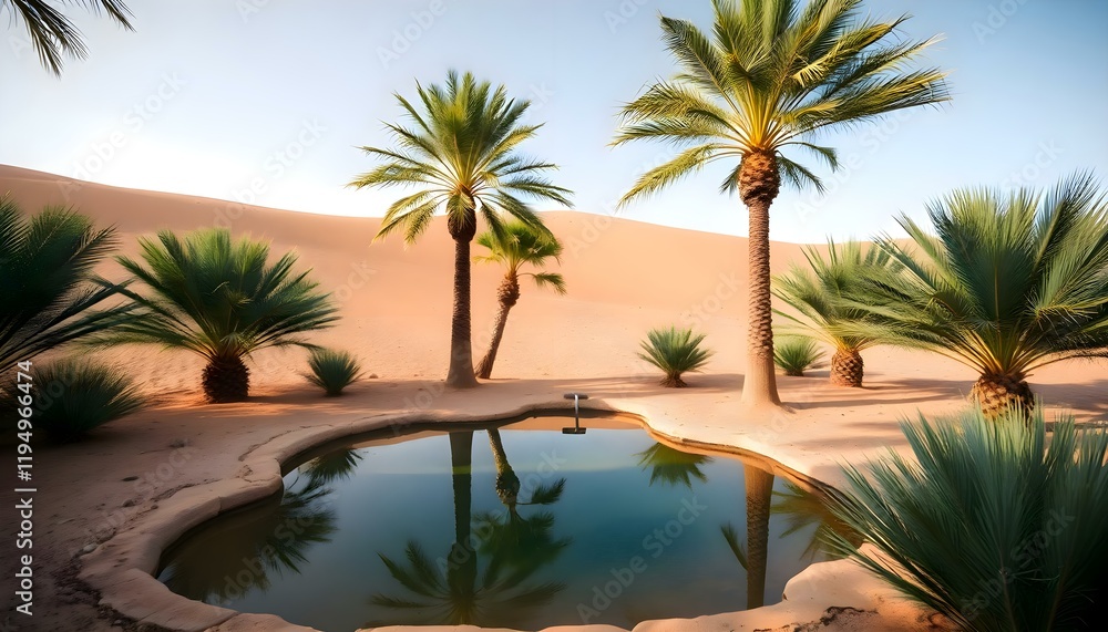 Fototapeta premium a pool surrounded by palm trees in the desert
