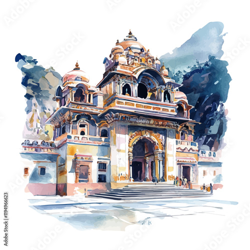 A watercolor painting of Badrinath Temple, isolated on a white background. Badrinath Temple vector.
