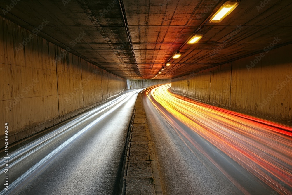 Dynamic traffic flow through a concrete highway tunnel during rush hour urban setting photographic capture motion blur innovative transportation concepts Dynamic traffic flow through a concrete highway tunnel during rush hour urban setting photographic capture motion blur innovative transportation concepts