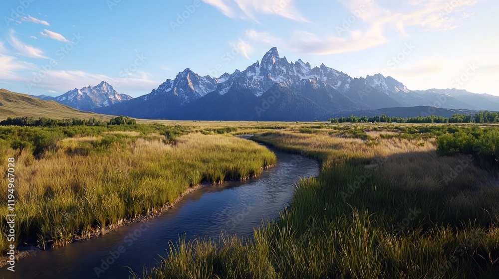 Scenic view of mountains and a winding river in a grassy landscape. Scenic view of mountains and a winding river in a grassy landscape.