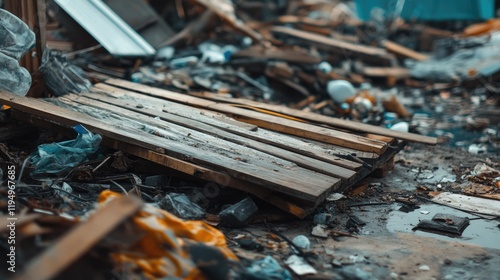 Wallpaper Mural A close-up of discarded scrap metal, broken wooden boards, and plastic waste at a demolition site, representing waste management, recycling, and junkyards. Torontodigital.ca