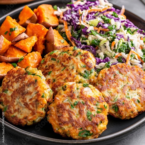 Crispy pork fritters served with a tangy coleslaw and roasted sweet potatoes photo