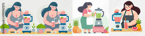 Fat Teenager Making Juice Vector Set