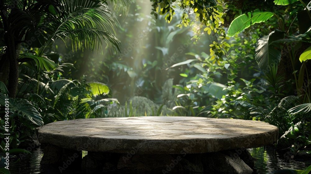 Serene Jungle Oasis, Stone Platform in Lush Tropical Foliage Serene Jungle Oasis, Stone Platform in Lush Tropical Foliage