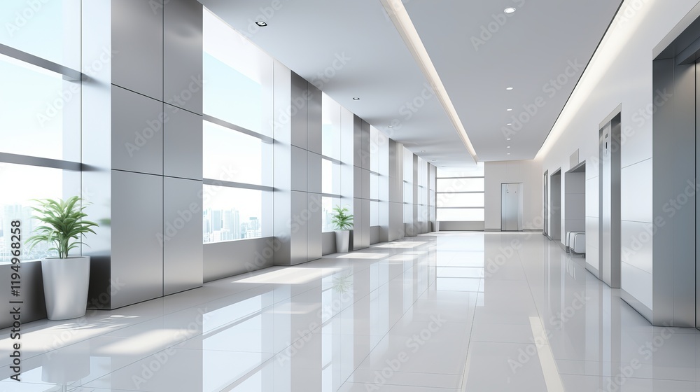 Bright and modern office hallway with elegant design and large windows. Generative AI Bright and modern office hallway with elegant design and large windows. Generative AI