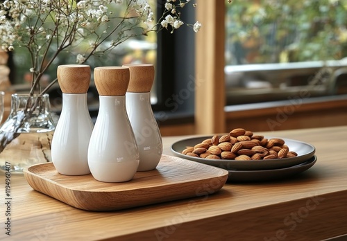 Minimalist Wooden Table with Ceramic Condiment Bottles and a Bowl of Almonds, Complemented by a Natural and Cozy Indoor Setting