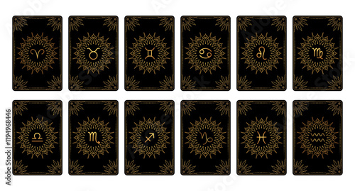 Collection of tarot cards with  zodiac signs in line art style with golden gradient