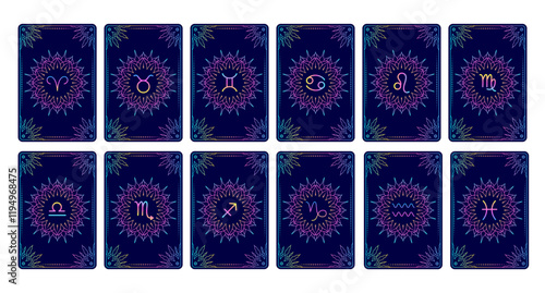 Collection of tarot cards with  zodiac signs in line art style with gradient colors.