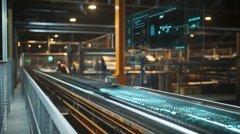 An augmented reality interface displays realtime analytics above a conveyor belt showing efficiency metrics and process optimization suggestions as workers interact with the flowing An augmented reality interface displays realtime analytics above a conveyor belt showing efficiency metrics and process optimization suggestions as workers interact with the flowing