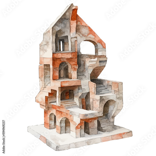 A watercolor vector of architectural models, isolated on a white background. Architectural models vector.
