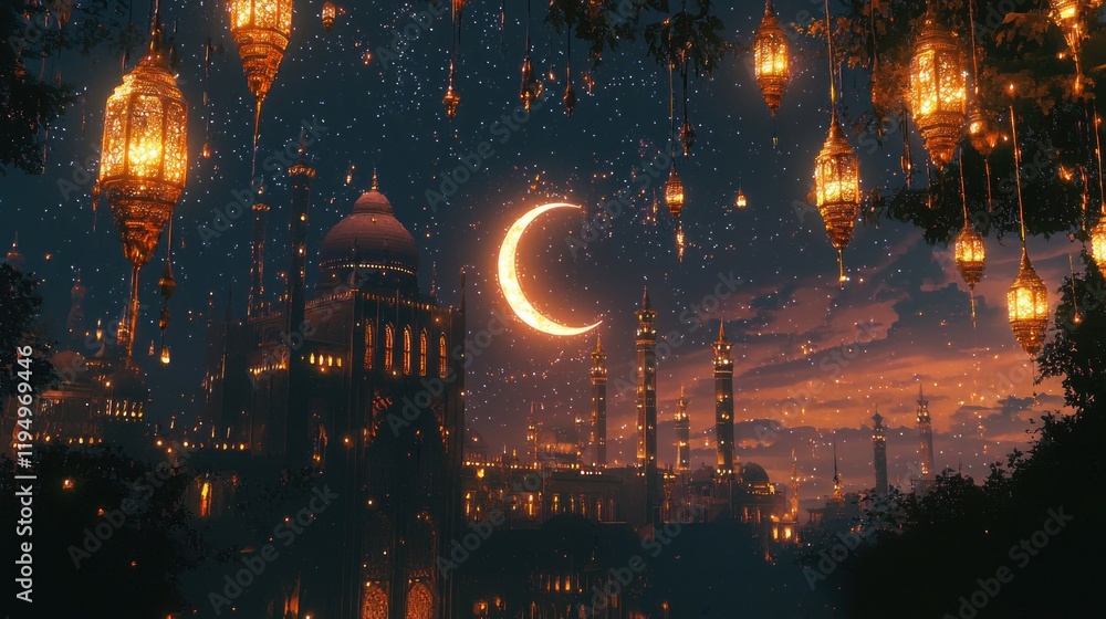 Fototapeta premium Enchanted Night: Ramadan's Crescent Moon Shines over a Mystical City