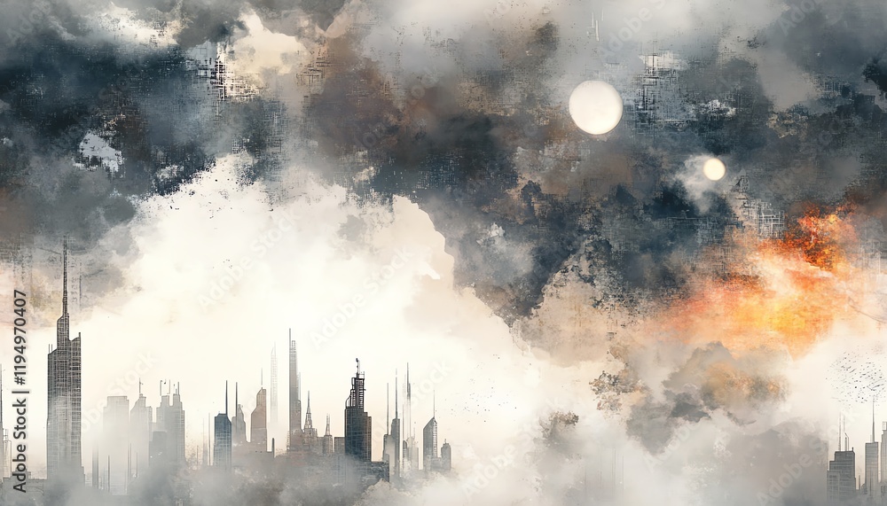 Obraz premium Abstract cityscape painting. Moody cloudscape with two moons above a futuristic city skyline. Digital art, watercolor style.