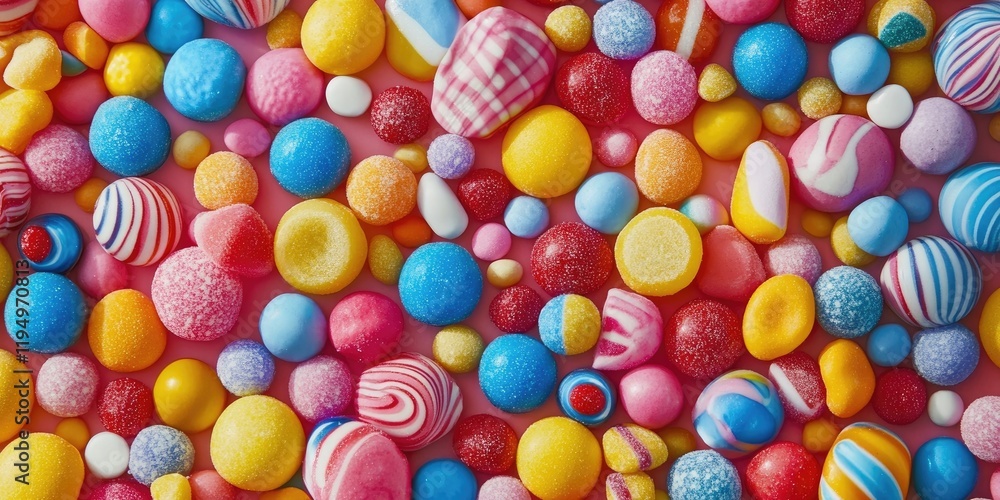 Obraz premium Colorful assortment of vibrant candies in various shapes scattered on a pastel background with hues of pink, blue, yellow, and red.