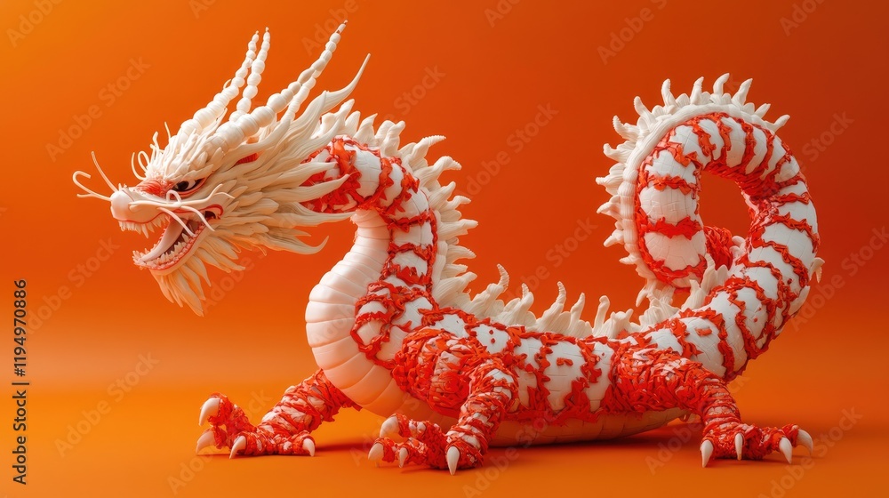 Obraz premium A colorful dragon sculpture with red and white details, placed against a striking orange backdrop, symbolizing power and cultural significance.