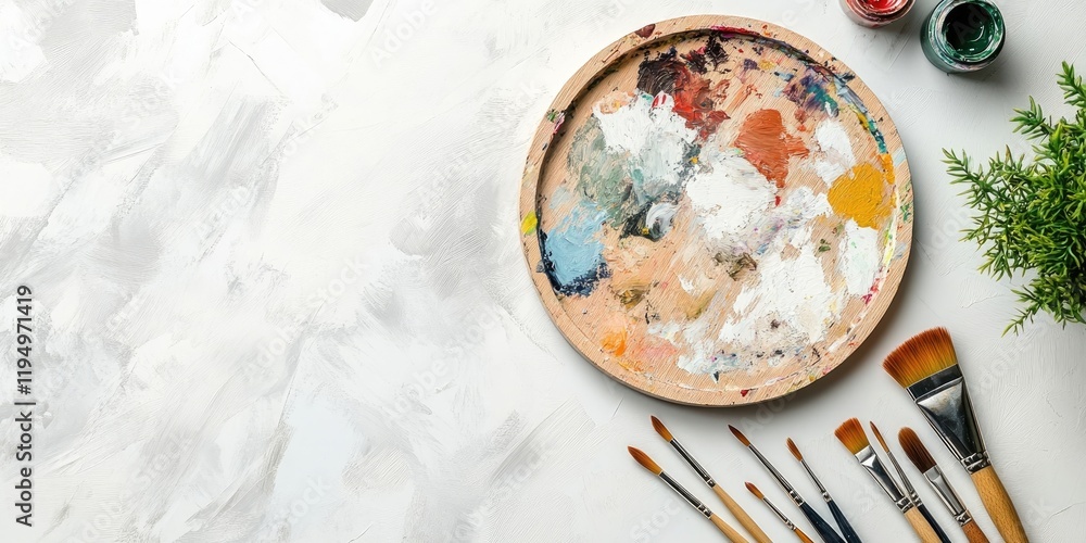 Artistic workspace overhead view featuring a wooden palette with vibrant paints and brushes on a light white background with greenery on the side. Artistic workspace overhead view featuring a wooden palette with vibrant paints and brushes on a light white background with greenery on the side.
