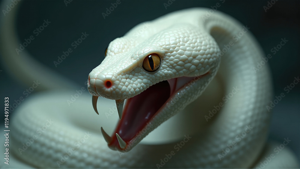Fototapeta premium White snake displaying aggressive behavior with fangs exposed in a dark setting