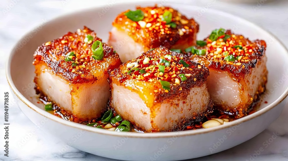 Deep-fried pork belly tossed with roasted garlic and chili flakes Deep-fried pork belly tossed with roasted garlic and chili flakes