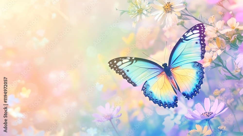 Close-Up Butterfly on Flower with Blurred Floral Background and Copy Space: Blooming Spring Meadow with Wildflowers and Colorful Butterfly for Nature Wildlife Banner, Poster, and Postcard Design Close-Up Butterfly on Flower with Blurred Floral Background and Copy Space: Blooming Spring Meadow with Wildflowers and Colorful Butterfly for Nature Wildlife Banner, Poster, and Postcard Design