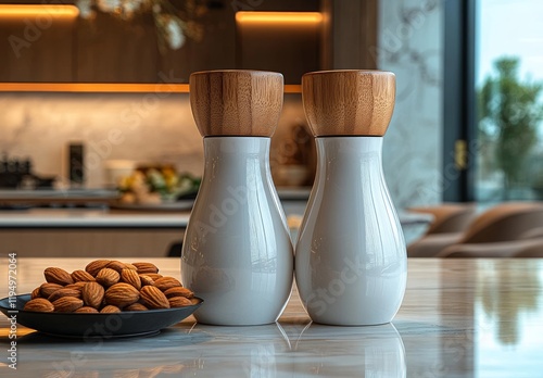 Elegant Home Decor Featuring Two Ceramic Vases with Greenery and a Bowl of Almonds in a Cozy Sunlit Dining Room