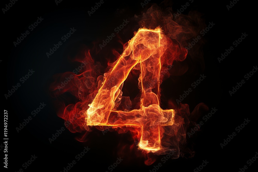 Flames dance around a fiery number four, illuminating the darkness mysteriously. Generative AI Flames dance around a fiery number four, illuminating the darkness mysteriously. Generative AI