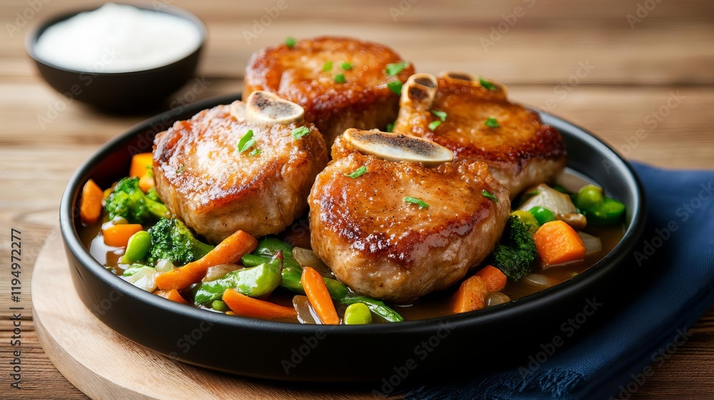 Deep-fried pork chops served with sauteed vegetables and a rich gravy Deep-fried pork chops served with sauteed vegetables and a rich gravy