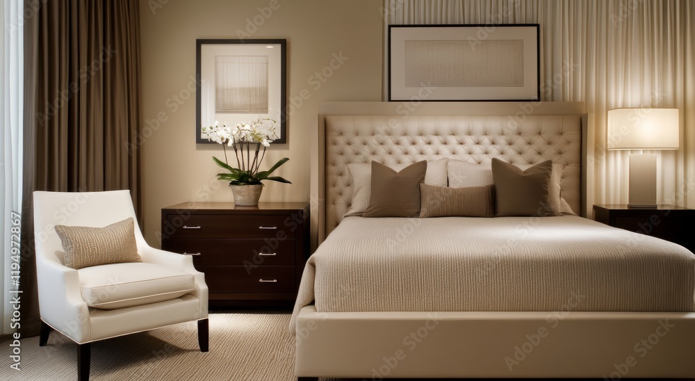 Modern Bedroom Interior with Neutral Tones, Featuring a Cozy Bed, Elegant Nightstands, and Large Windows Illuminating the Space with Natural Light Modern Bedroom Interior with Neutral Tones, Featuring a Cozy Bed, Elegant Nightstands, and Large Windows Illuminating the Space with Natural Light