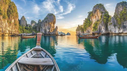 Serene sunrise in ha long bay with traditional boats and limestone cliffs