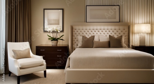 Modern Bedroom Interior with Neutral Tones, Featuring a Cozy Bed, Elegant Nightstands, and Large Windows Illuminating the Space with Natural Light