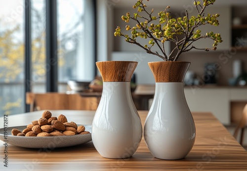 Minimalist White Ceramic Vases with Wooden Lids and a Plate of Almonds, Styled on a Wooden Table in a Bright Modern Interior