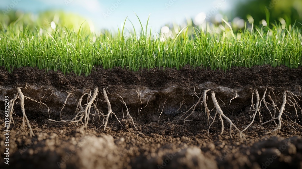 Fototapeta premium A cross-sectional view of grass roots with intricate soil textures, focusing on plant biology in a realistic and detailed render.