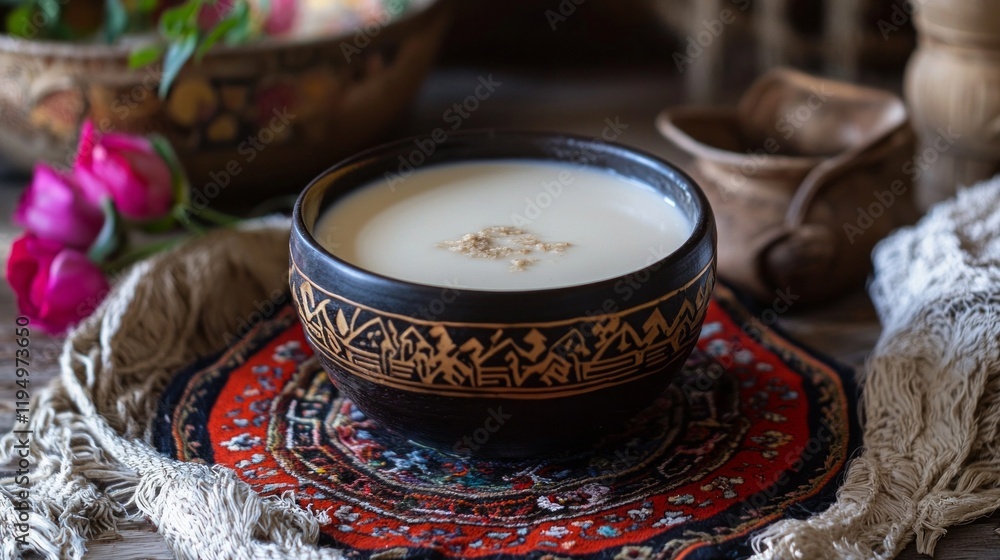 Delight in the rich texture of shubat, a traditional Kazakh fermented camel milk drink, elegantly displayed in a handcrafted bowl. This setting showcases local artistry and culture Delight in the rich texture of shubat, a traditional Kazakh fermented camel milk drink, elegantly displayed in a handcrafted bowl. This setting showcases local artistry and culture